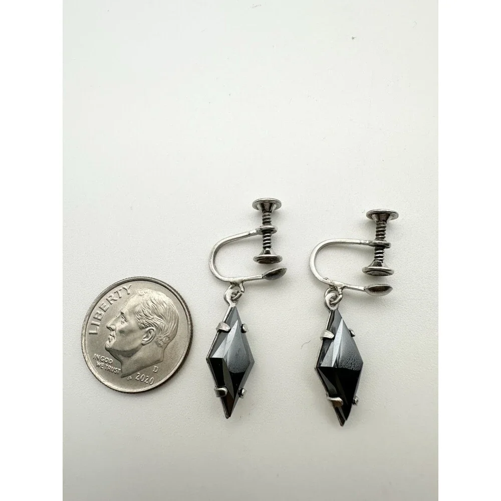 Vintage Sterling Silver Hematite Earrings Diamond Shape Screw Back